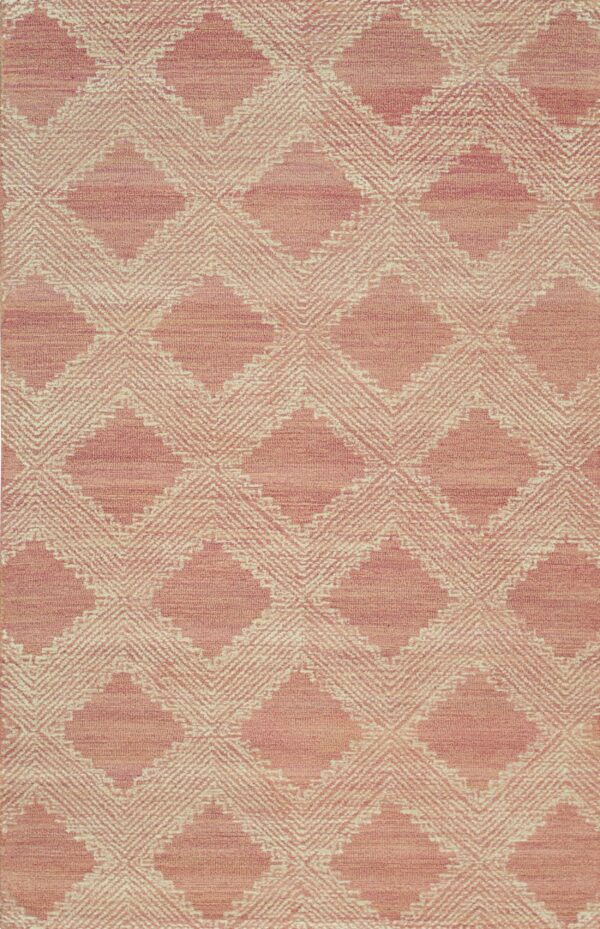 Textured rug in dusty pink and cream with an interlocking geometric diamond pattern.