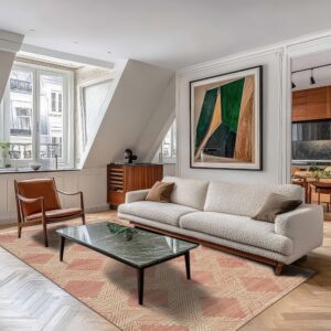 A terracotta and cream geometric rug anchors a living room with a white sofa and wood floors.