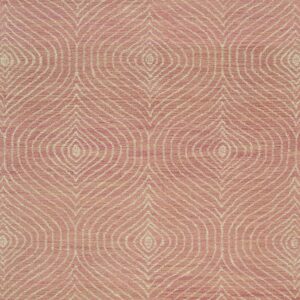 Textured rug in dusty rose and cream featuring a repeating, lined ogee pattern.