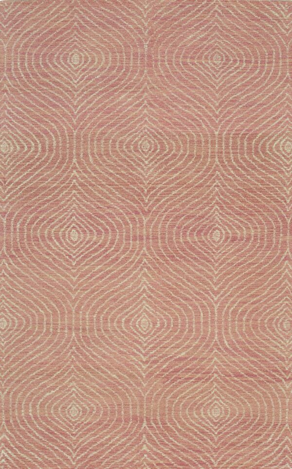 Textured rug in dusty rose and cream featuring a repeating, lined ogee pattern.