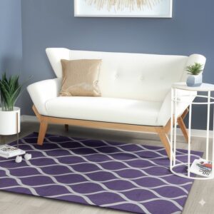 Low-pile purple rug featuring a repeating gray wave pattern under a white loveseat on light wood floors.