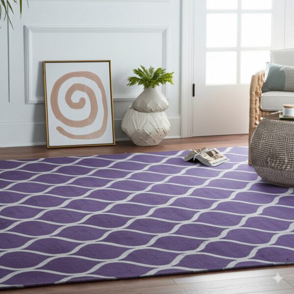 Violet rug featuring a white curved design anchors a bright living room beside a rattan chair on wood flooring.