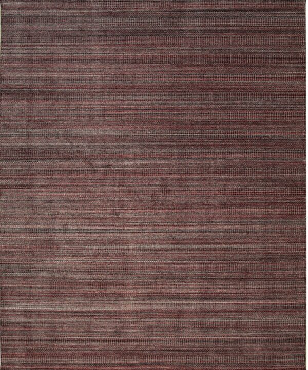 Low pile rug with textured horizontal stripes in variegated shades of maroon and gray.