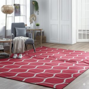 Bright red rug with a white geometric trellis pattern on wood floors beside a gray armchair.