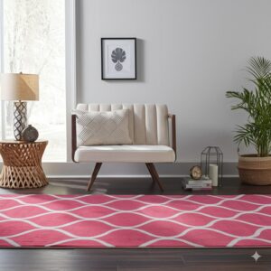 A fuchsia runner featuring a white interlocking wave pattern complements a cream bench on dark wood flooring.