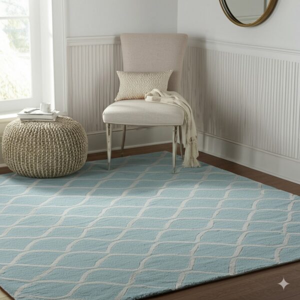 Light blue rug with a white lattice pattern sits on wood floors beneath a chair and pouf.
