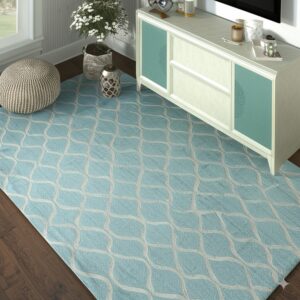 An aqua area rug featuring a light-colored ogee pattern rests on dark wood flooring.
