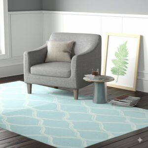 A pale blue rug featuring a white curvilinear pattern beneath a gray armchair on dark wood flooring.