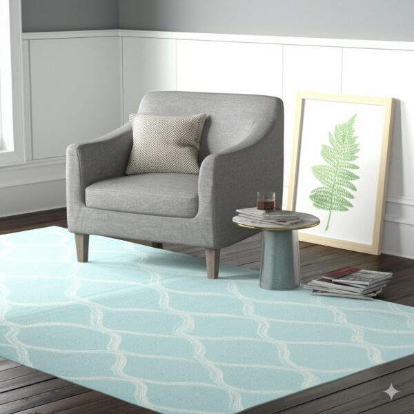 A pale blue rug featuring a white curvilinear pattern beneath a gray armchair on dark wood flooring.