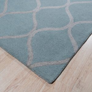 Textured aqua rug with a gray trellis pattern resting on pale wooden plank flooring.