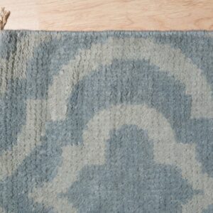 High-pile shag rug in light blue and gray abstract patterns rests on wood flooring.