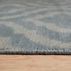 Close-up of a blue and gray high-pile rug edge with an abstract pattern resting on light wood flooring.
