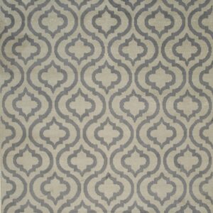 A low-pile rug featuring a gray repeating ogee pattern on a light beige background with short fringe.