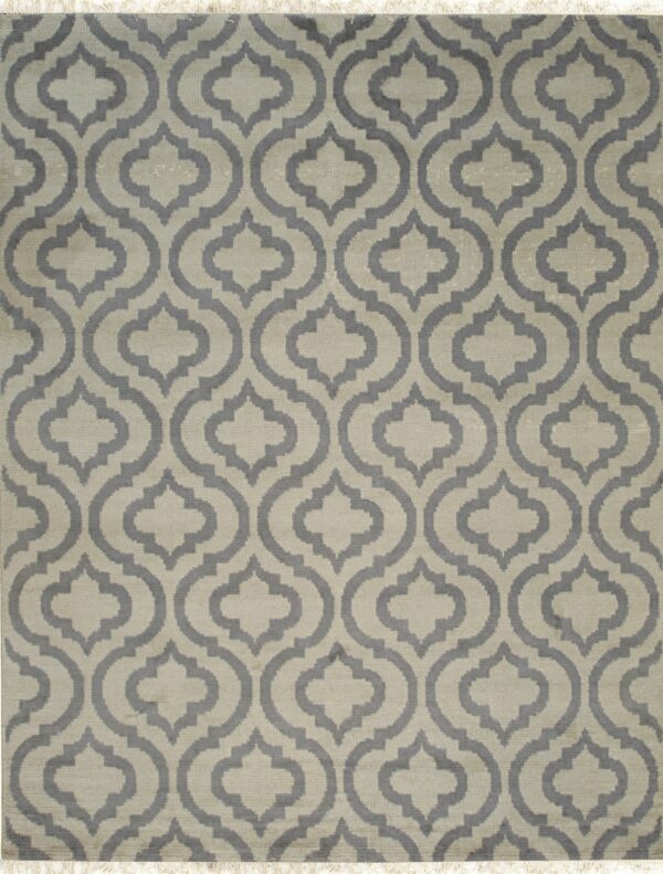 A low-pile rug featuring a gray repeating ogee pattern on a light beige background with short fringe.