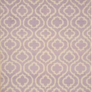Low-pile rug in lavender and off-white with a repeating interlocking quatrefoil pattern.