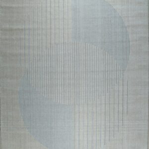 Light beige rug with overlapping blue vertical stripe circles and horizontal border lines.