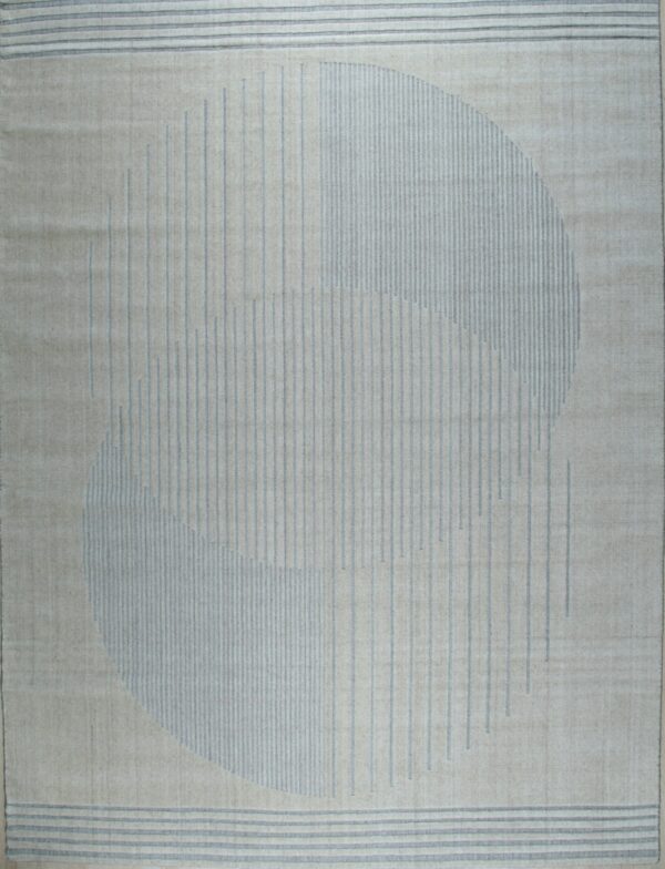 Light beige rug with overlapping blue vertical stripe circles and horizontal border lines.