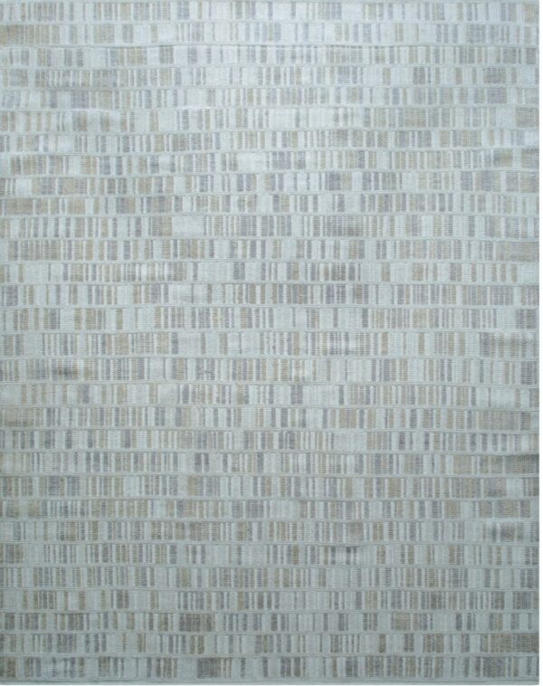 Textured rug displaying horizontal rows of short vertical dashes in pale gray, beige, and taupe colors.