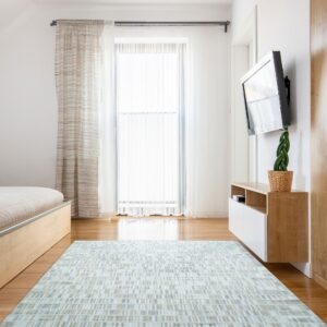 Light blue rug with a geometric dash pattern sits on warm wood floors in a sunny, white bedroom.