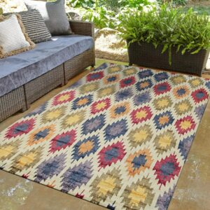 Multicolored geometric rug on a patio with a wicker sofa and lush green plants.