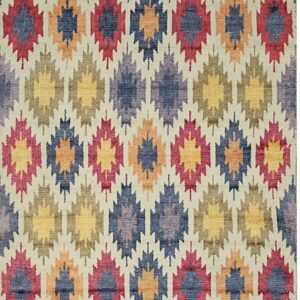 Muted low-pile rug with geometric patterns in alternating rows of red, blue, yellow, and purple on cream.