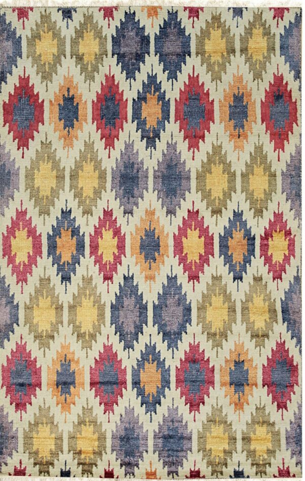 Muted low-pile rug with geometric patterns in alternating rows of red, blue, yellow, and purple on cream.