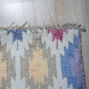High-pile rug with abstract pink, blue, gray, and yellow patterns rests on light wood planks.