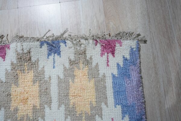 High-pile rug with abstract pink, blue, gray, and yellow patterns rests on light wood planks.