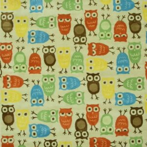 Medium pile rug with a dense pattern of bright red, blue, green, yellow, and brown cartoon owls.