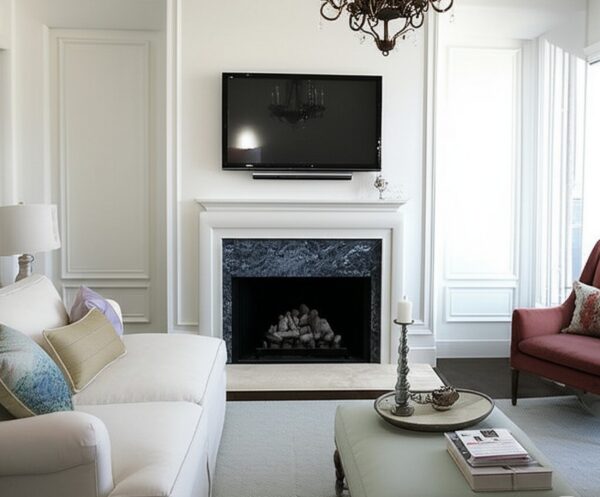 A solid pale gray rug grounds a formal living space with white paneling and a dark fireplace.