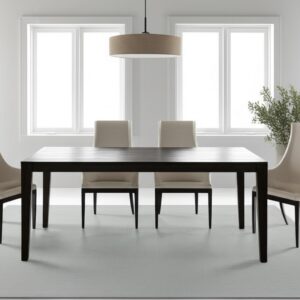 A light gray, subtly textured rug anchors a modern dining room featuring a dark table and cream chairs.