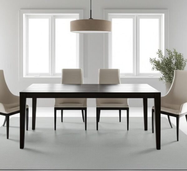 A light gray, subtly textured rug anchors a modern dining room featuring a dark table and cream chairs.