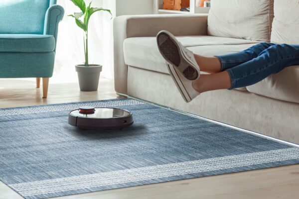 Textured blue area rug with white geometric borders sits on wood flooring near a beige sofa.