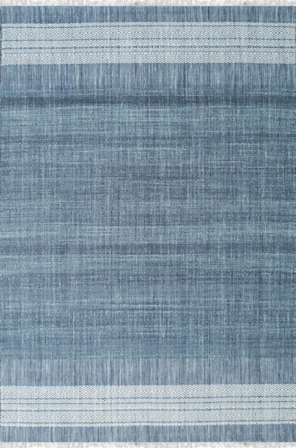 Flatwoven rug with a textured denim blue field and light geometric diamond striped borders.