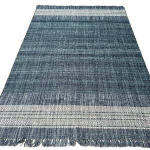 Blue woven runner featuring a variegated field and geometric white bands with fringe on the ends.