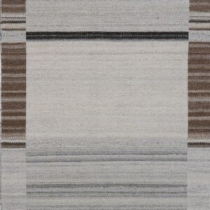 Geometric flatwoven rug featuring a light gray center bordered by brown and dark striped bands.