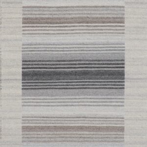 Flatweave rug in white and light gray with a central band of horizontal gray and taupe stripes.