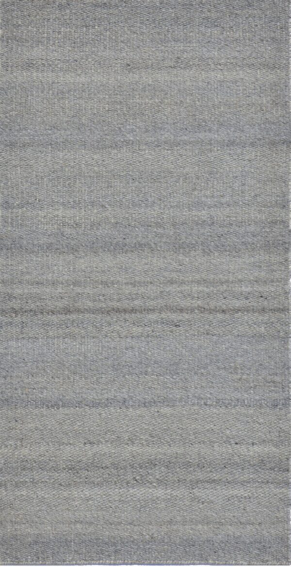 Textured blue-gray flatweave rug featuring subtle horizontal color variations across the surface.