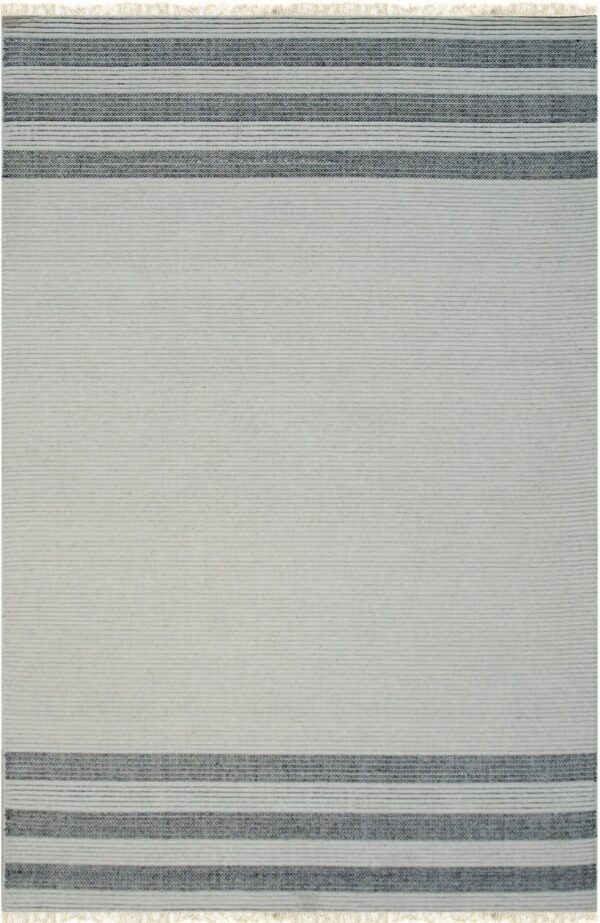 Low-profile rug featuring a light gray field and thick dark charcoal striped borders with white fringes.