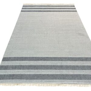Light gray low-pile rug with fine horizontal ribbing and wide patterned charcoal bands at both ends.