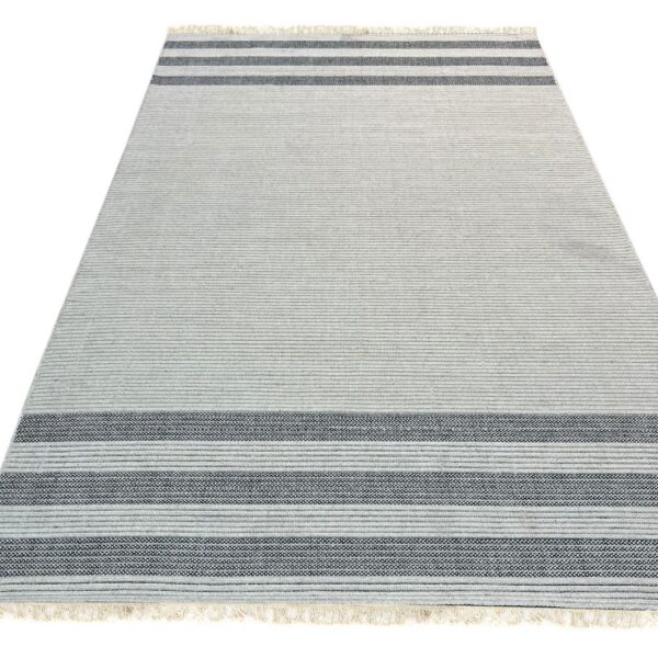 Light gray low-pile rug with fine horizontal ribbing and wide patterned charcoal bands at both ends.
