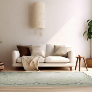 Pale green geometric rug with fringe grounds a bright room featuring a white couch and houseplants.