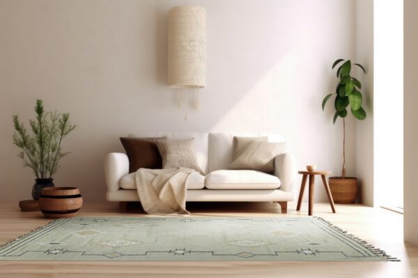 Pale green geometric rug with fringe grounds a bright room featuring a white couch and houseplants.