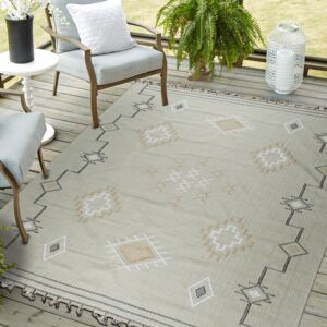 Low pile sage rug with white, tan, and dark gray geometric designs on a rustic wood deck.
