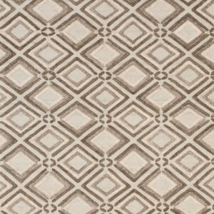 Textured light gray rug with raised concentric diamond outlines in shades of brown and tan.