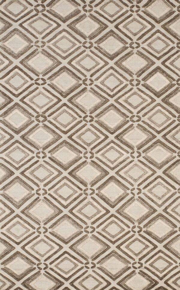 Textured light gray rug with raised concentric diamond outlines in shades of brown and tan.