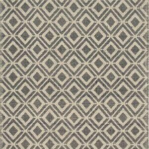 Black and ivory rug featuring a repeating geometric diamond pattern and decorative woven borders.