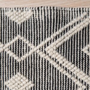 Black and white rug texture showing vertical stripes and raised off-white geometric patterns on wood floor.