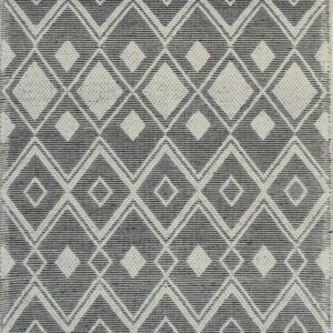 Black and white rug with repeating textured diamond motifs on a flat striped ground.