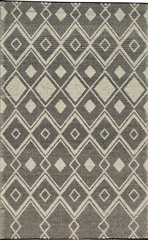 Flatweave rug in black and cream featuring a repeating diamond pattern over a striped background.